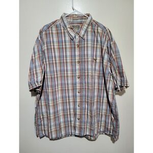 Duluth Trading Co Button Down Mens 2XL Blue Orange Plaid Short Sleeve